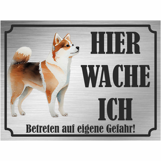 Shiba Inu - Schild bedruckt - Hier wache ich - Aluverbundplatte Edelstahl Look