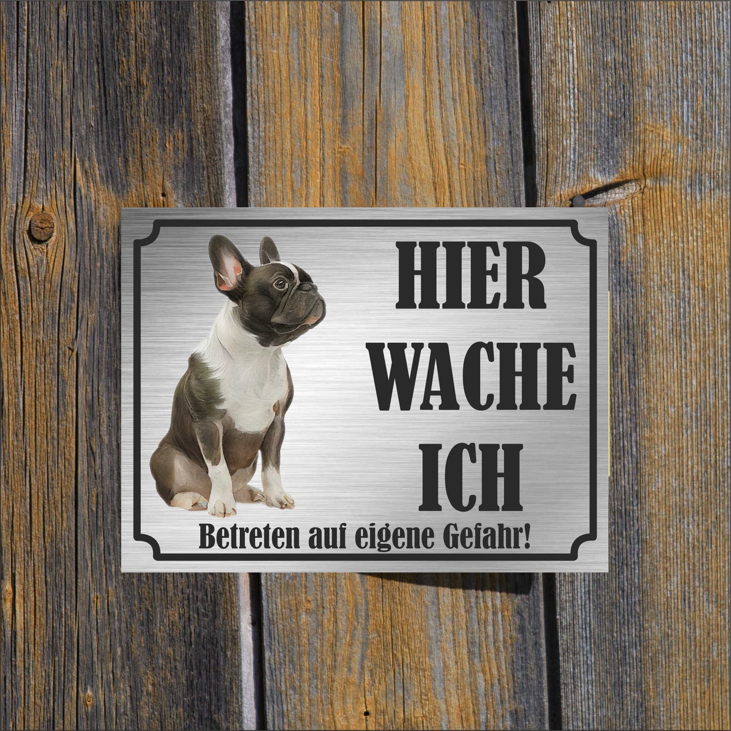 Shiba Inu - Schild bedruckt - Hier wache ich - Aluverbundplatte Edelstahl Look